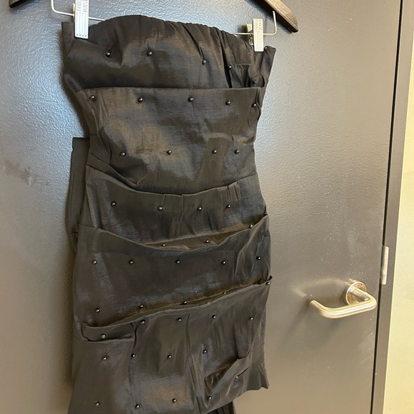 Lucky Brand S NWOT Black Tiered Pleated mini Gown with Maxi bow train beaded - Picture 7 of 16